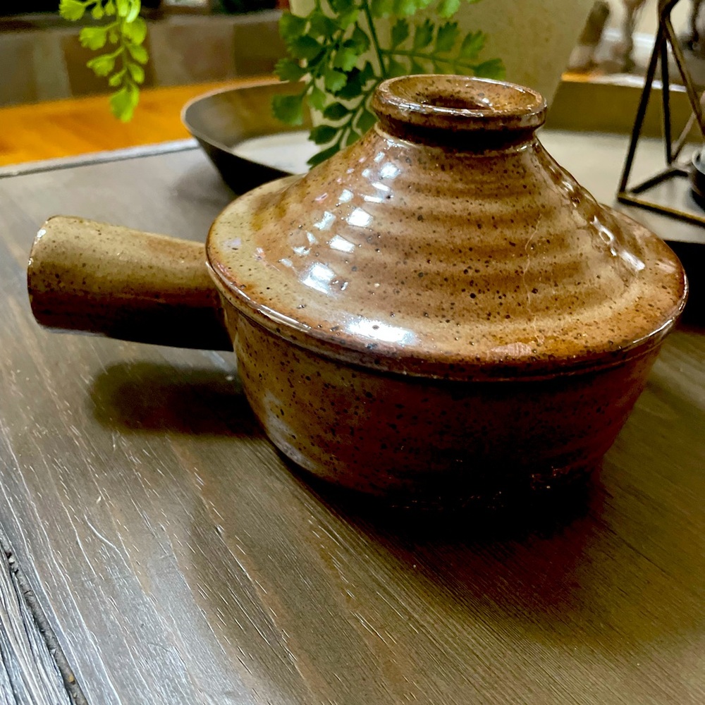 Glazed Brown Stoneware Handled Bowl with Vented Cover